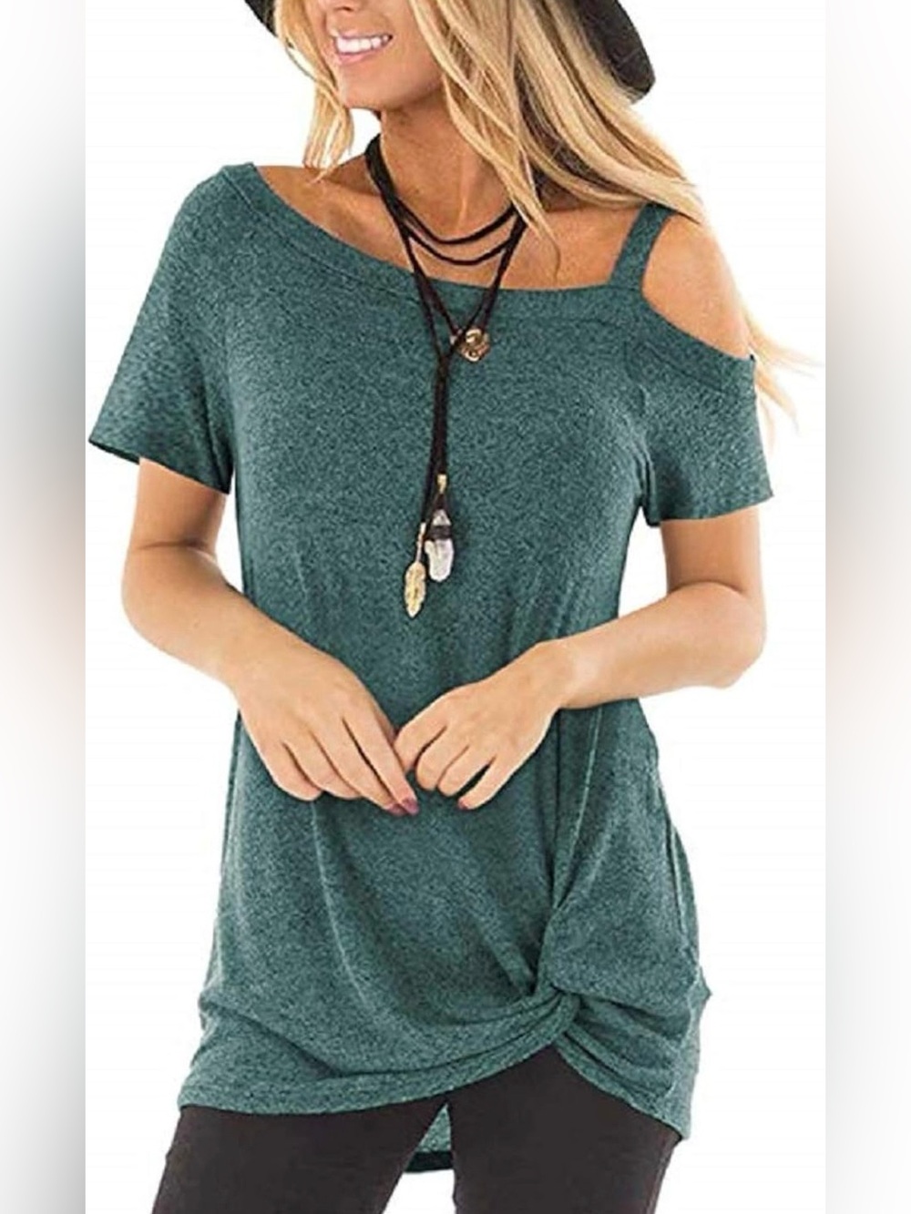 AELSON Women's Cold Shoulder Front Twist Knot Casual Tunic Top - Teal